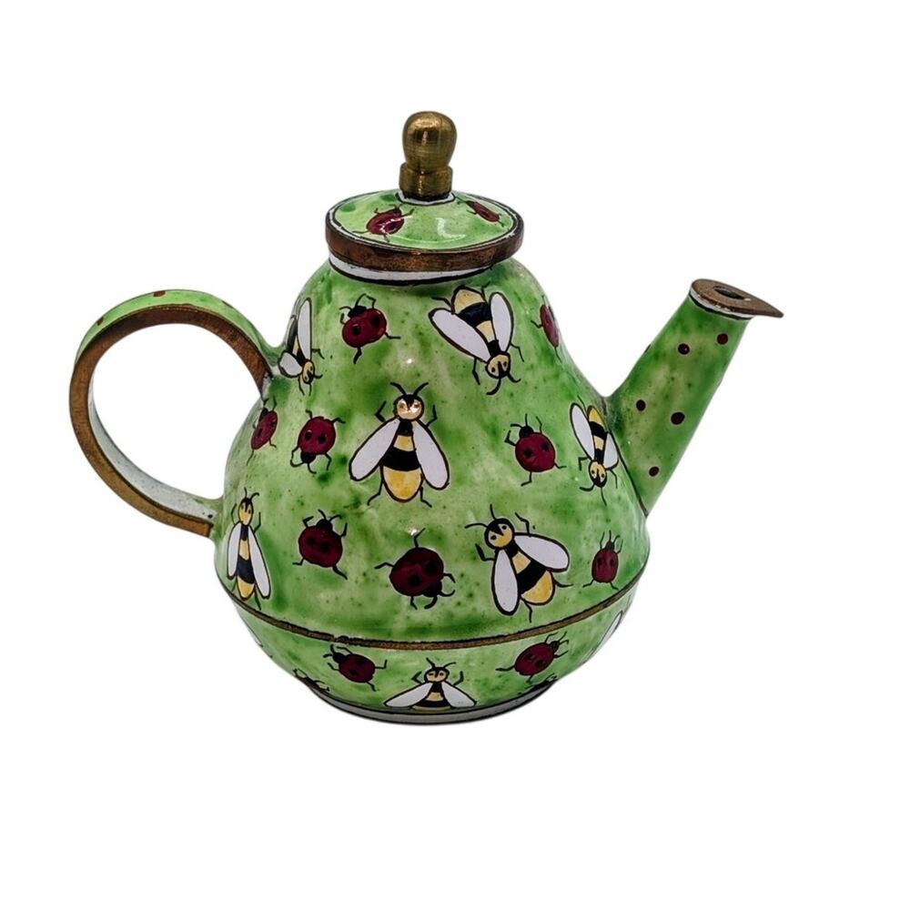 Kelvin Chen Vintage Hand Painted Green Enamel Copper Teapot Ladybugs & Bees